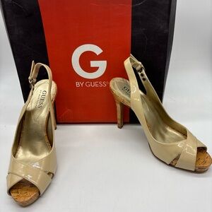 Guess By Marciano Peep Toe Slingback Heels, Size 6.5, Nude, Cork Stiletto Heel